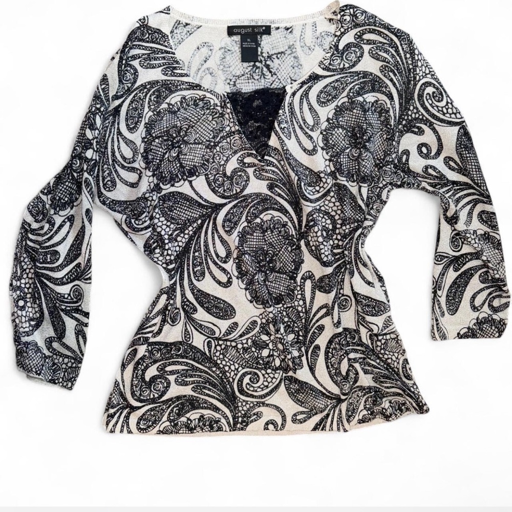 VINTAGE August Silk Black and White Lace Patterned Blouse